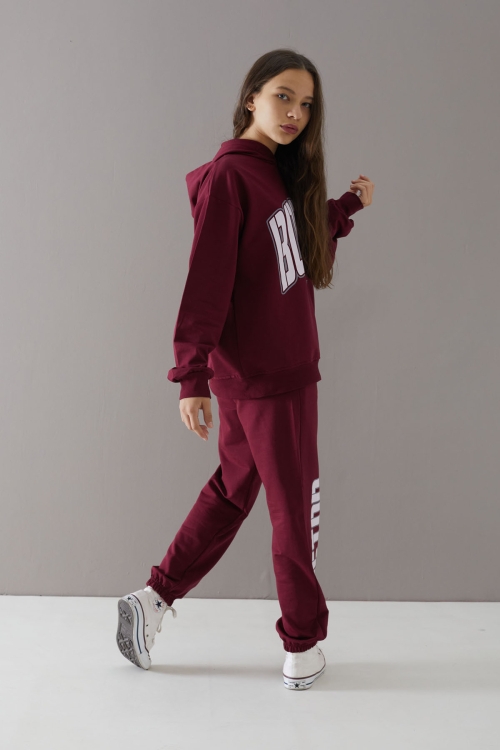 Bordo Boston Yazılı Kapüşonlu Kız Çocuk Eşofman Takımı 19759