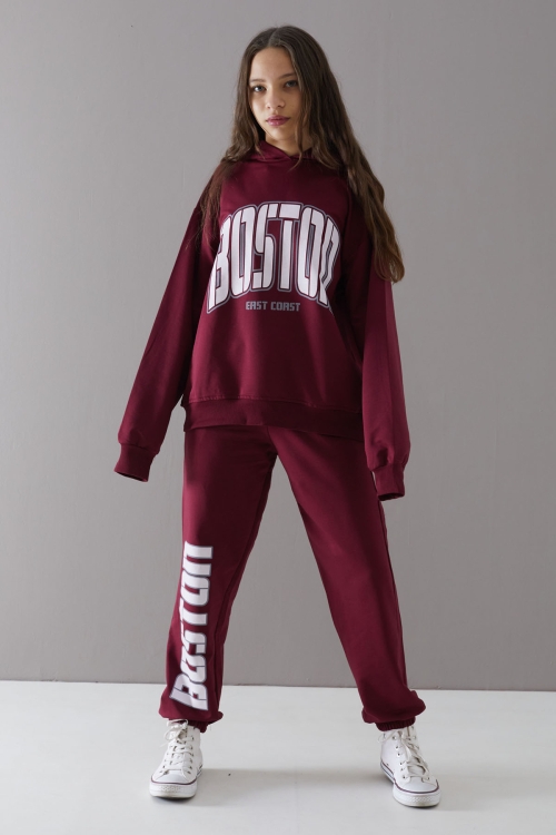 Bordo Boston Yazılı Kapüşonlu Kız Çocuk Eşofman Takımı 19759