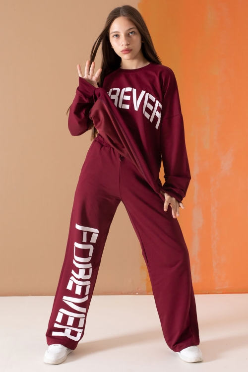 Bordo Forever Yazı Baskılı Kız Çocuk Eşofman Takımı 19575