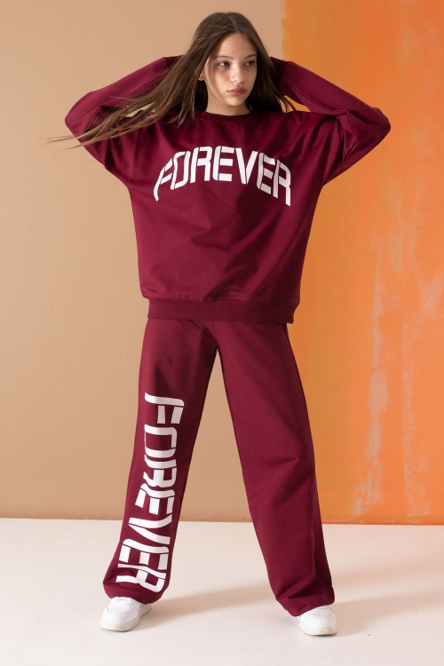 Bordo Forever Yazı Baskılı Kız Çocuk Eşofman Takımı 19575