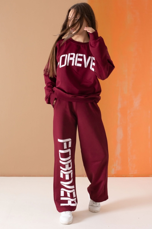 Bordo Forever Yazı Baskılı Kız Çocuk Eşofman Takımı 19575