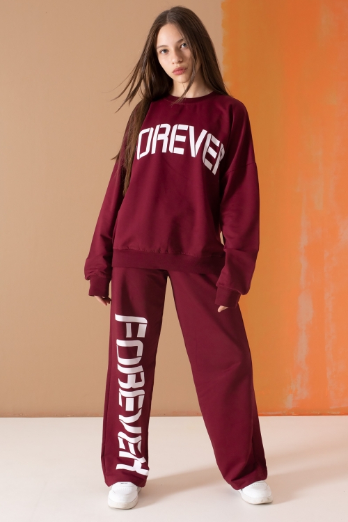 Bordo Forever Yazı Baskılı Kız Çocuk Eşofman Takımı 19575