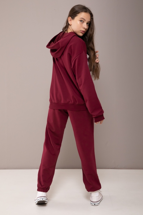Bordo Oxford Baskılı Kapüşonlu Kız Çocuk Eşofman Takımı 19831