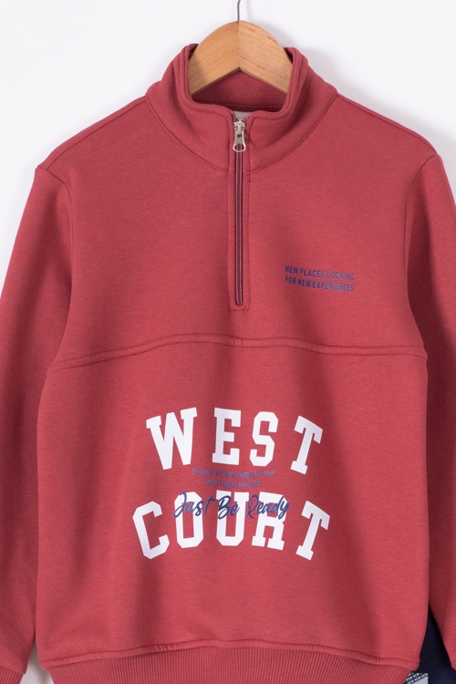 Bordo West Yazılı Fermuar Yaka Erkek Çocuk Şardonlu Eşofman Takım 19599