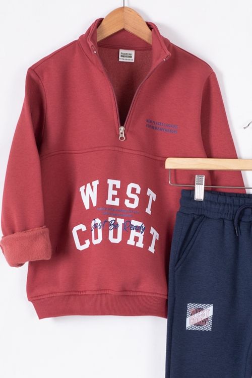Bordo West Yazılı Fermuar Yaka Erkek Çocuk Şardonlu Eşofman Takım 19599