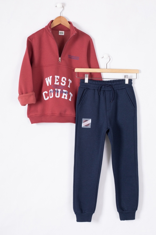 Bordo West Yazılı Fermuar Yaka Erkek Çocuk Şardonlu Eşofman Takım 19599