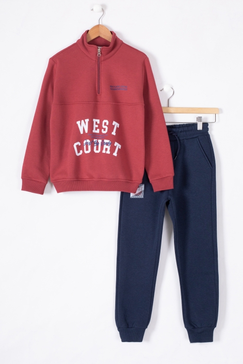 Bordo West Yazılı Fermuar Yaka Erkek Çocuk Şardonlu Eşofman Takım 19599