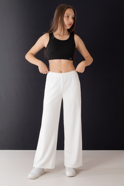 Ekru Geniş Paça Kesim Basic Kız Çocuk Pantolon 19745