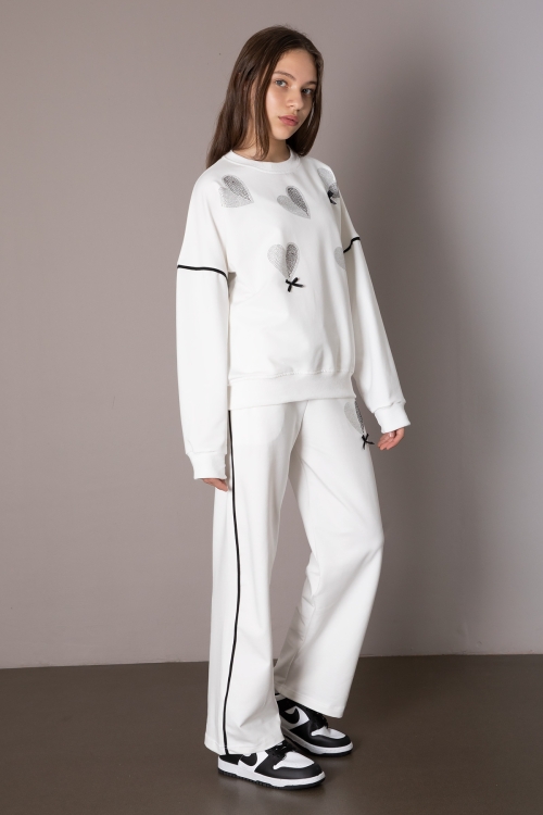 Ekru Kız Çocuk Kalp Desenli 2li Takım 19851