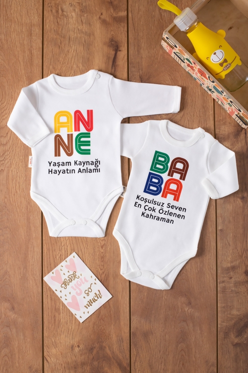 Ekru Organik Pamuk Anne & Baba Yazı Baskılı 2li Bebek Çıtçıtlı Badi 19814