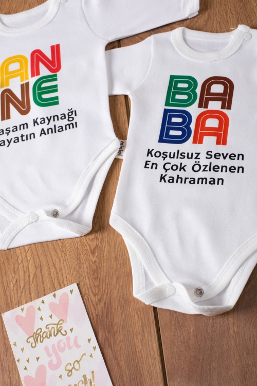 Ekru Organik Pamuk Anne & Baba Yazı Baskılı 2li Bebek Çıtçıtlı Badi 19814