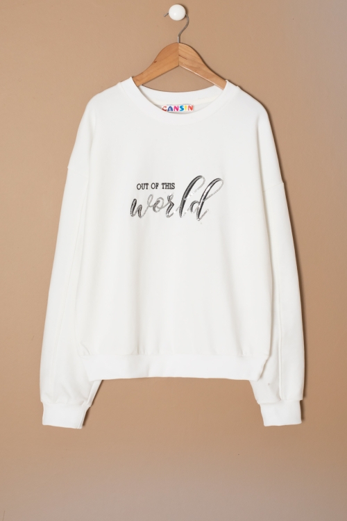 Ekru Payetli Yazılı Bisiklet Yaka Kız Uzun Kol Sweatshirt 19668