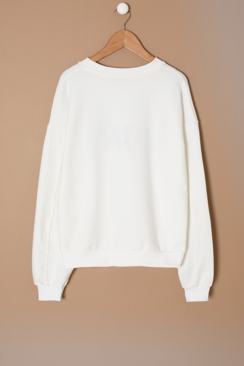 Ekru Payetli Yazılı Bisiklet Yaka Kız Uzun Kol Sweatshirt 19668