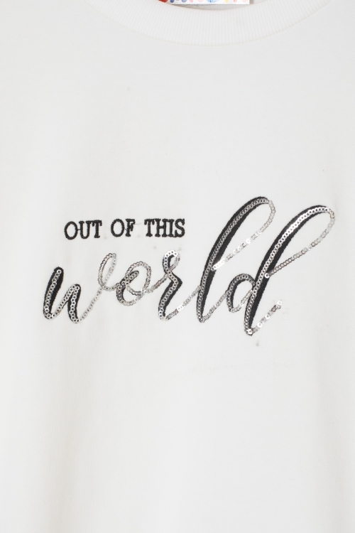 Ekru Payetli Yazılı Bisiklet Yaka Kız Uzun Kol Sweatshirt 19668