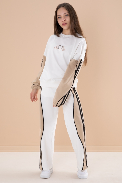 Ekru Yanları Çizgili Kız Çocuk 2li Takım 20103