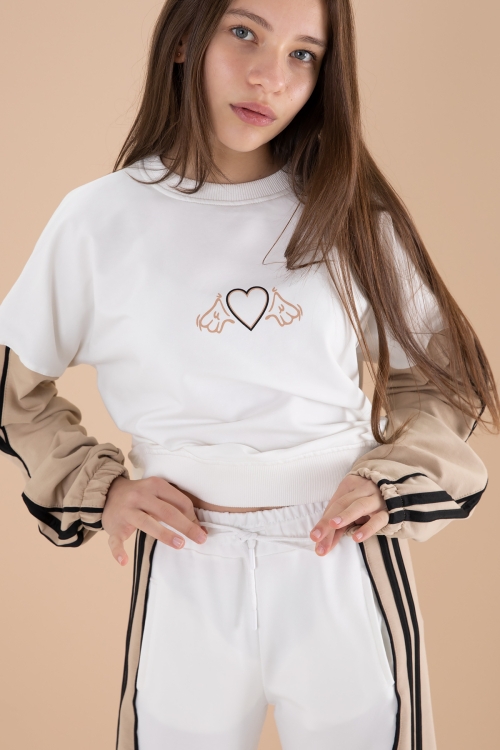 Ekru Yanları Çizgili Kız Çocuk 2li Takım 20103