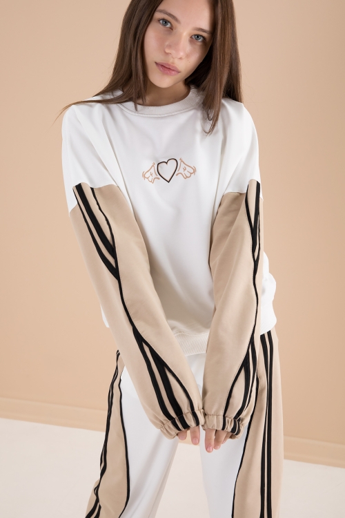 Ekru Yanları Çizgili Kız Çocuk 2li Takım 20103