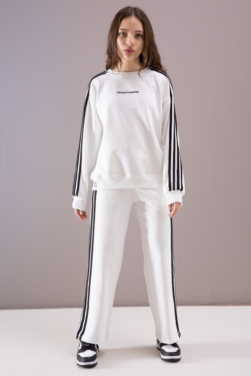 Ekru Yanları Şeritli Geniş Paça Kız Eşofman Takımı 19871