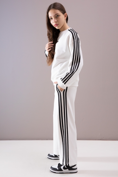 Ekru Yanları Şeritli Geniş Paça Kız Eşofman Takımı 19871