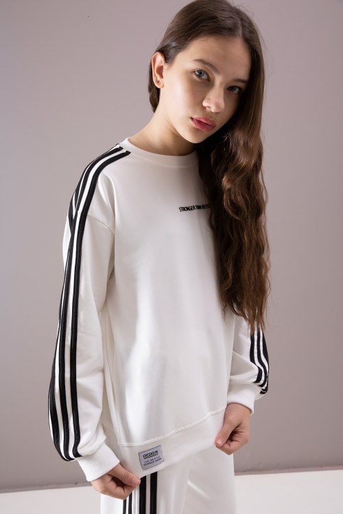 Ekru Yanları Şeritli Geniş Paça Kız Eşofman Takımı 19871