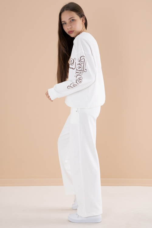 Ekru Yazı Baskılı Kız Beli Lastikli Eşofman Takımı 19897