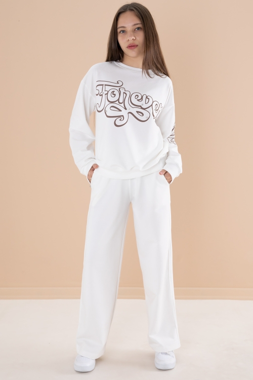 Ekru Yazı Baskılı Kız Beli Lastikli Eşofman Takımı 19897