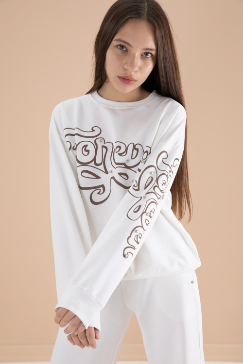 Ekru Yazı Baskılı Kız Beli Lastikli Eşofman Takımı 19897