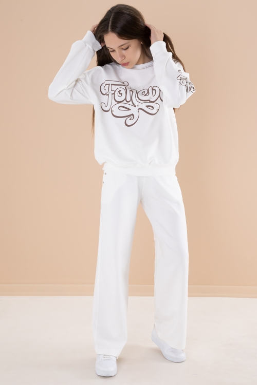 Ekru Yazı Baskılı Kız Beli Lastikli Eşofman Takımı 19897
