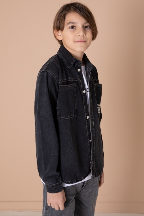 Erkek Çocuk Füme Armalı Cepli Bisiklet Yaka Tişörtlü Jean Gömlek 20098