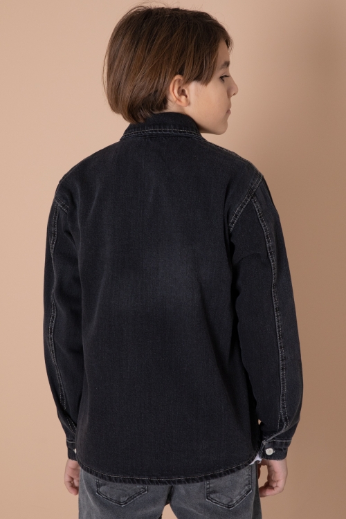 Erkek Çocuk Füme Armalı Cepli Bisiklet Yaka Tişörtlü Jean Gömlek 20098