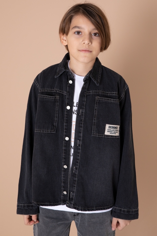 Erkek Çocuk Füme Armalı Cepli Bisiklet Yaka Tişörtlü Jean Gömlek 20098