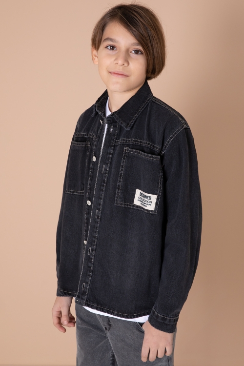 Erkek Çocuk Füme Armalı Cepli Bisiklet Yaka Tişörtlü Jean Gömlek 20098
