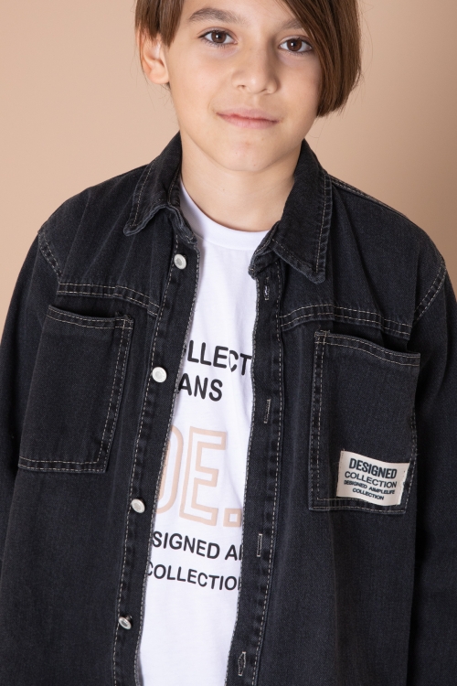 Erkek Çocuk Füme Armalı Cepli Bisiklet Yaka Tişörtlü Jean Gömlek 20098