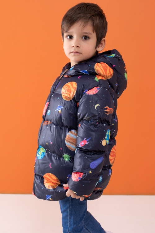 Erkek Çocuk Gezegen Desenli Kapşonlu Şişme Mont 1-5 Yaş 19490