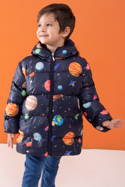Erkek Çocuk Gezegen Desenli Kapşonlu Şişme Mont 1-5 Yaş 19490