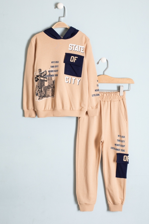 Erkek Çocuk Krem Göğüs Cepli Yazı Baskılı Kapüşonlu Eşofman Takımı 19179