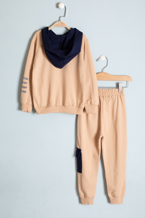 Erkek Çocuk Krem Göğüs Cepli Yazı Baskılı Kapüşonlu Eşofman Takımı 19179