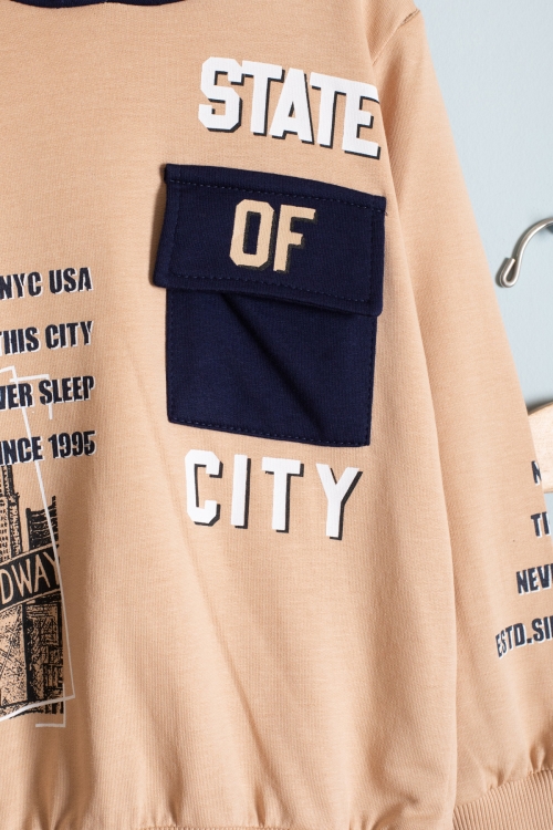 Erkek Çocuk Krem Göğüs Cepli Yazı Baskılı Kapüşonlu Eşofman Takımı 19179