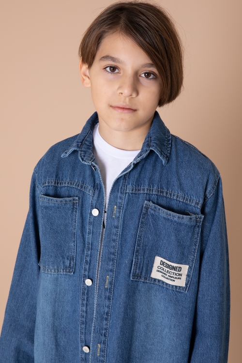 Erkek Çocuk Mavi Armalı Cepli Bisiklet Yaka Tişörtlü Jean Gömlek 20095