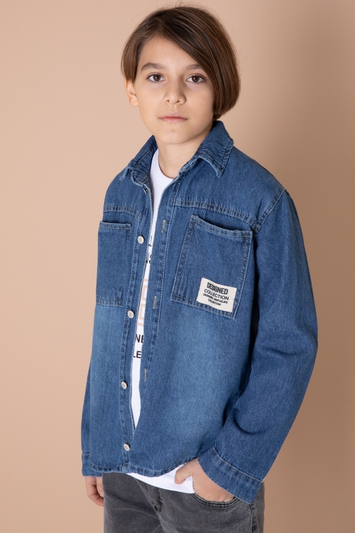 Erkek Çocuk Mavi Armalı Cepli Bisiklet Yaka Tişörtlü Jean Gömlek 20095