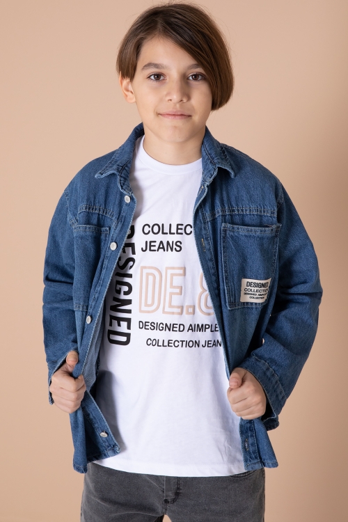 Erkek Çocuk Mavi Armalı Cepli Bisiklet Yaka Tişörtlü Jean Gömlek 20095