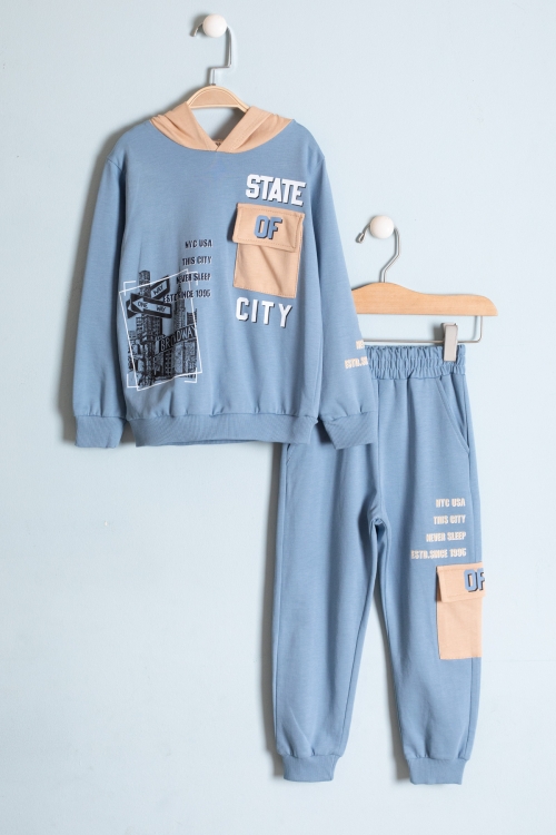 Erkek Çocuk Mavi Göğüs Cepli Yazı Baskılı Kapüşonlu Eşofman Takımı 19180