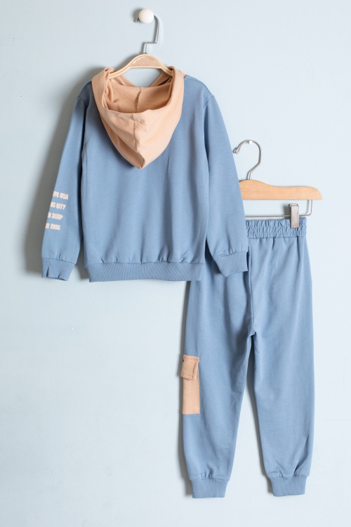 Erkek Çocuk Mavi Göğüs Cepli Yazı Baskılı Kapüşonlu Eşofman Takımı 19180