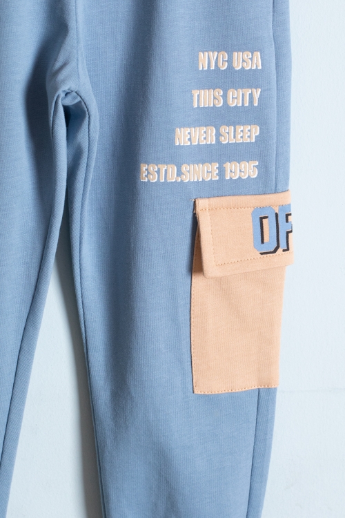 Erkek Çocuk Mavi Göğüs Cepli Yazı Baskılı Kapüşonlu Eşofman Takımı 19180