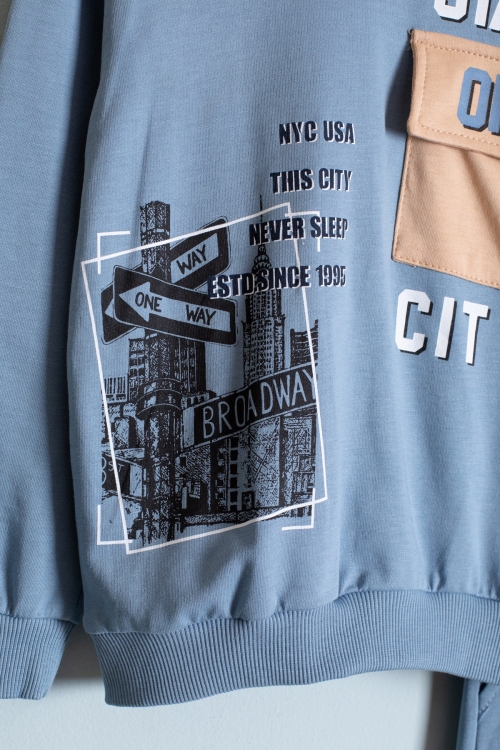 Erkek Çocuk Mavi Göğüs Cepli Yazı Baskılı Kapüşonlu Eşofman Takımı 19180