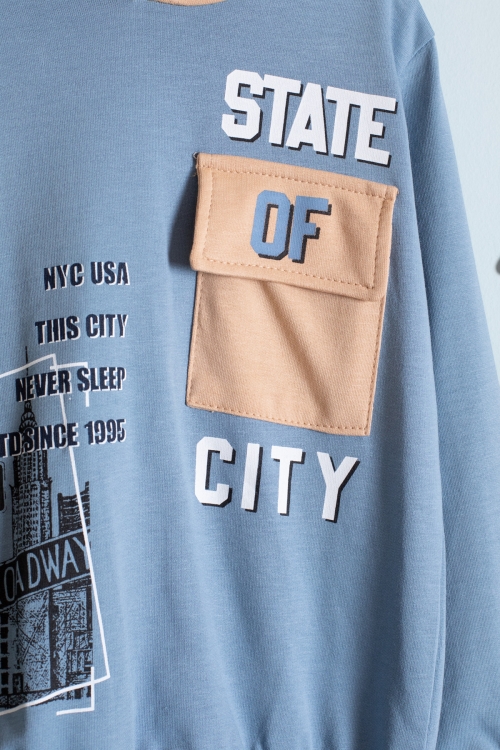 Erkek Çocuk Mavi Göğüs Cepli Yazı Baskılı Kapüşonlu Eşofman Takımı 19180