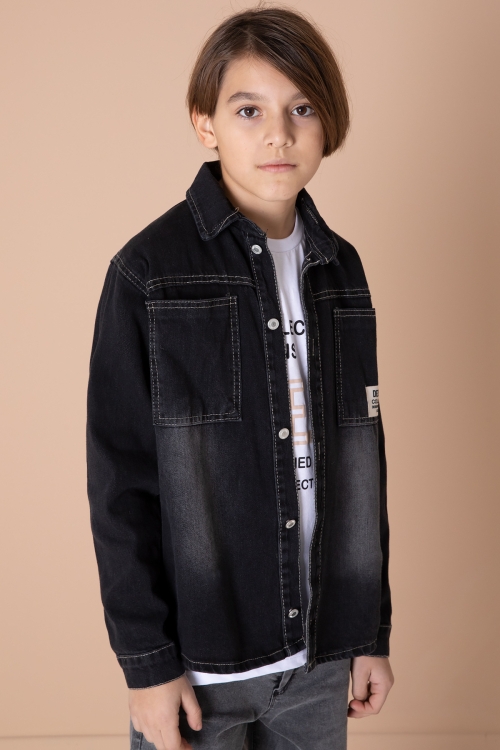 Erkek Çocuk Siyah Armalı Cepli Bisiklet Yaka Tişörtlü Jean Gömlek 20097