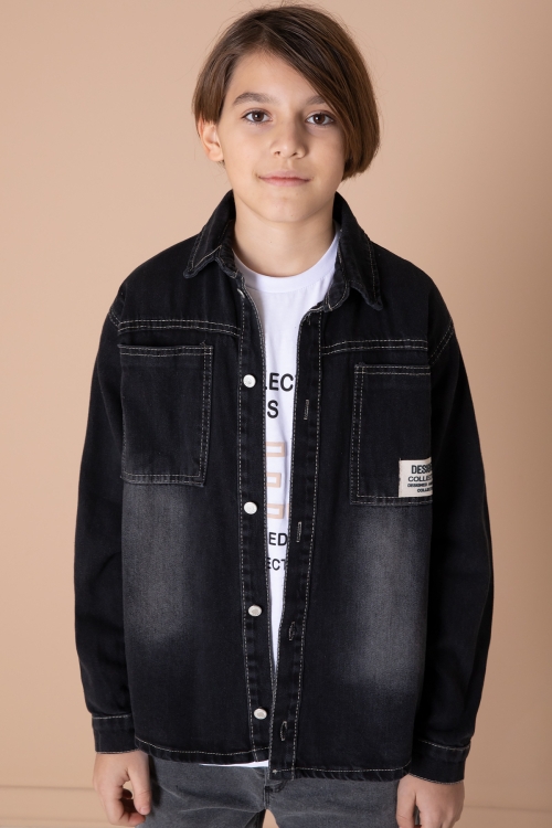 Erkek Çocuk Siyah Armalı Cepli Bisiklet Yaka Tişörtlü Jean Gömlek 20097
