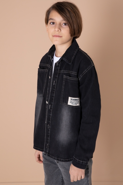 Erkek Çocuk Siyah Armalı Cepli Bisiklet Yaka Tişörtlü Jean Gömlek 20097