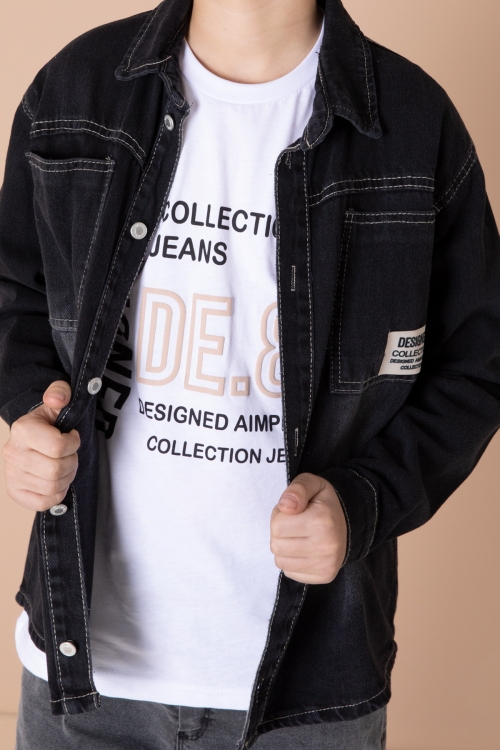 Erkek Çocuk Siyah Armalı Cepli Bisiklet Yaka Tişörtlü Jean Gömlek 20097